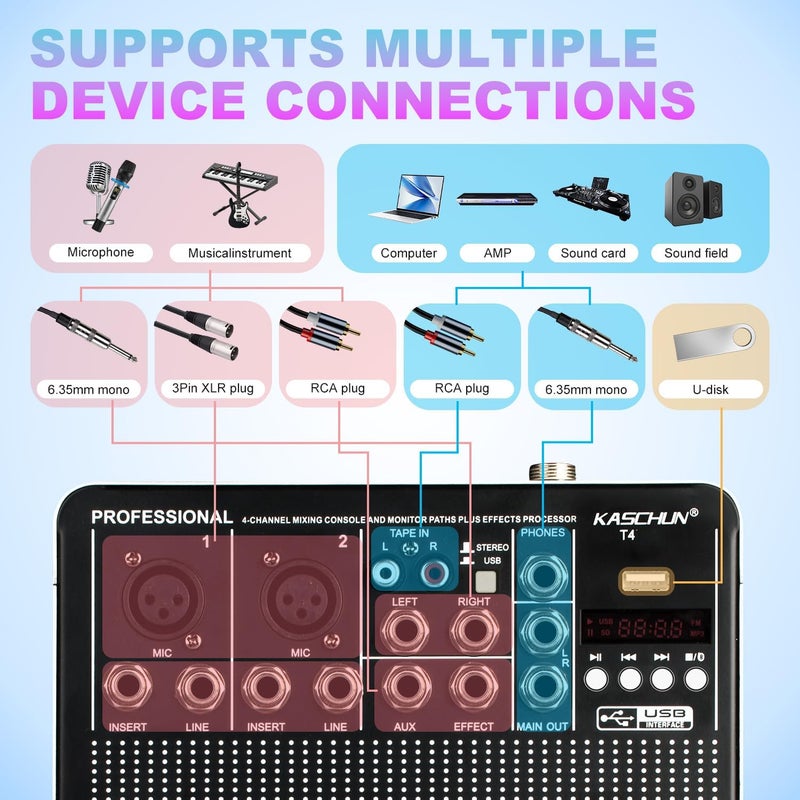 Kaschun T4 4-Channel Digital Audio Mixer with 48V Phantom Power, USB/MP3 Input, Reverb Effects for PC Recording, Parties & Weddings​ - Image 2